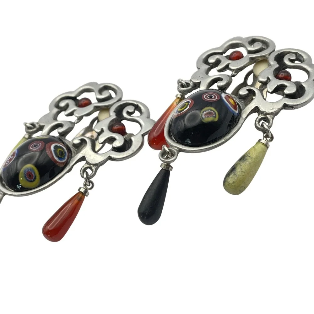 Vintage Modernist Millefiori Brooch and Clip On Earring‎ Set Statement Jewelry